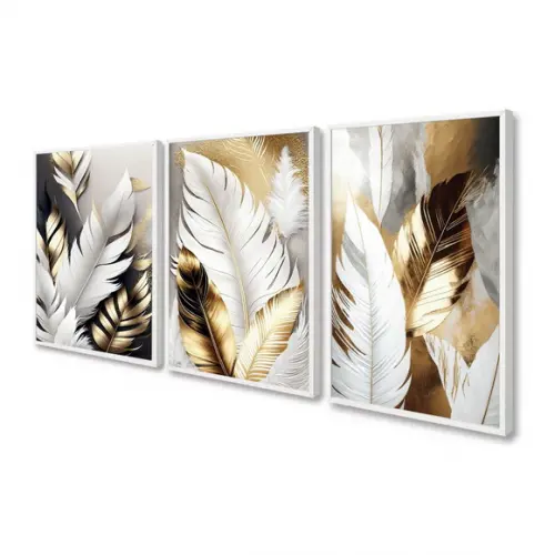 Kit 3 Quadros Decorativos Folhagem Branca Dourada Moldura
