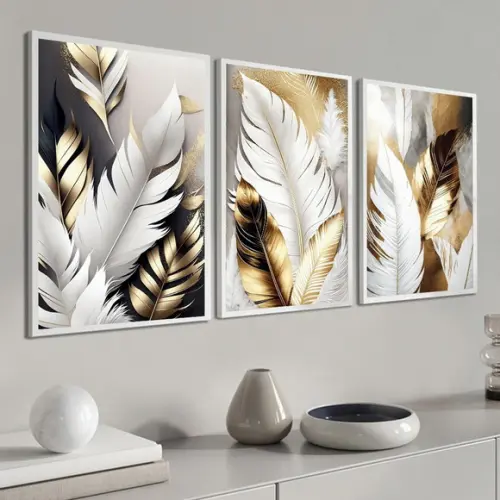 Kit 3 Quadros Decorativos Folhagem Branca Dourada Moldura