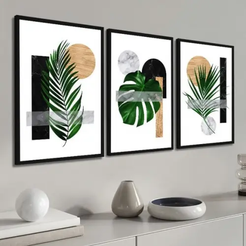 Kit 3 Quadros Decorativos Folhagem Costela De Adão Moldura