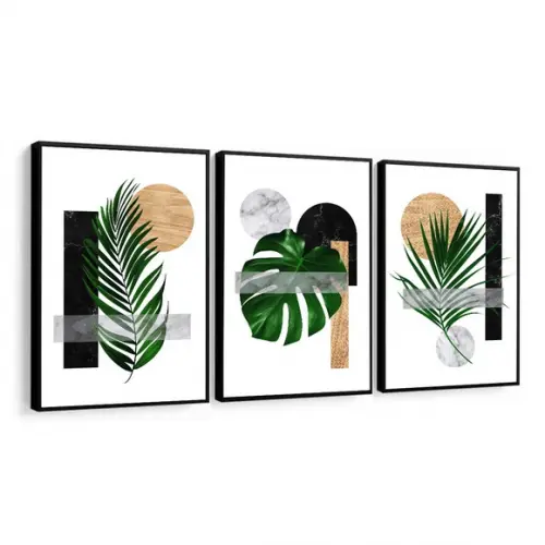 Kit 3 Quadros Decorativos Folhagem Costela De Adão Moldura
