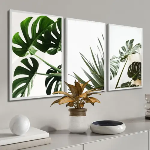 Kit 3 Quadros Decorativos Folhagem Costela De Adão Moldura