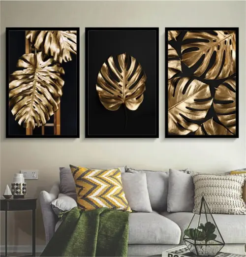 Kit 3 Quadros Decorativos Folhagem Costela Dourada Sala Hall
