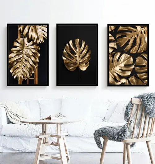 Kit 3 Quadros Decorativos Folhagem Costela Dourada Sala Hall