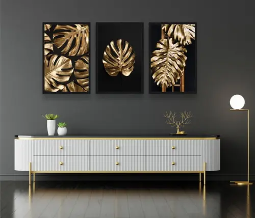 Kit 3 Quadros Decorativos Folhagem Costela Dourada Sala Hall