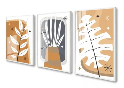 Kit 3 Quadros Decorativos Folhagem Desenho Moldura e Vidro