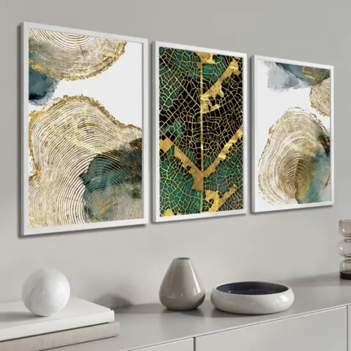 Kit 3 Quadros Decorativos Folhagem Dourada Abstrato Moldura