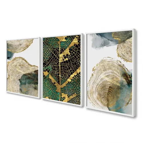 Kit 3 Quadros Decorativos Folhagem Dourada Abstrato Moldura