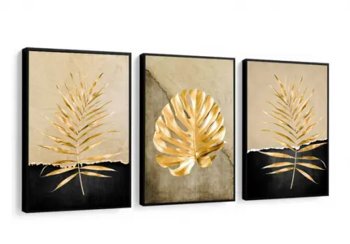 Kit 3 Quadros Decorativos Folhagem Dourada Abstrato Moldura