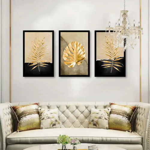 Kit 3 Quadros Decorativos Folhagem Dourada Abstrato Moldura