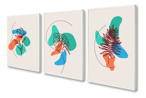 Kit 3 Quadros Decorativos Folhagem Colorida Sala Com Moldura
