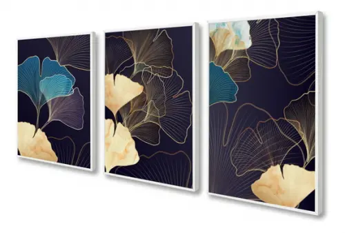 Kit 3 Quadros Decorativos Folhagem Dourada Azul Com Moldura