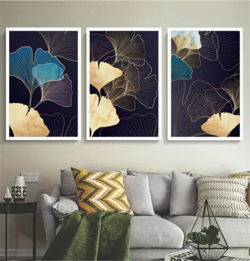 Kit 3 Quadros Decorativos Folhagem Dourada Azul Com Moldura