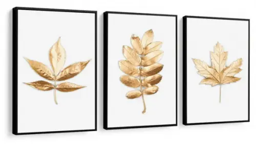 Kit 3 Quadros Decorativos Folhagem Dourada Flores Moldura