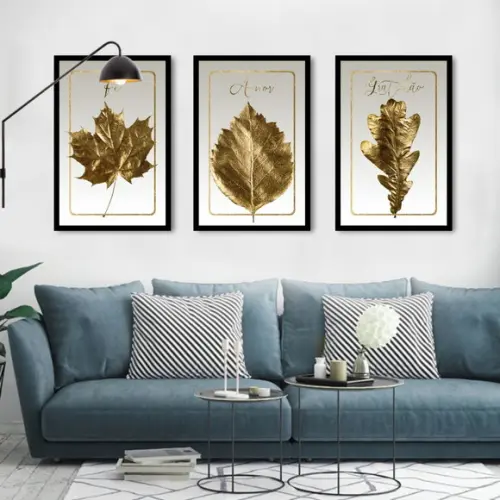 Kit 3 Quadros Decorativos Folhagem Dourada Frases Moldura