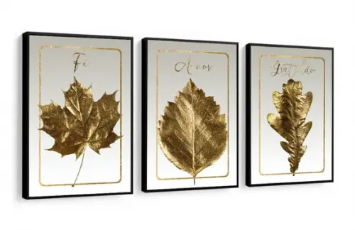 Kit 3 Quadros Decorativos Folhagem Dourada Frases Moldura