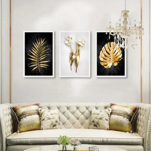Kit 3 Quadros Decorativos Folhagem Dourada Gold Com Moldura