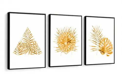 Kit 3 Quadros Decorativos Folhagem Dourada Gold Com Moldura