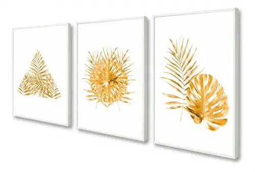 Kit 3 Quadros Decorativos Folhagem Dourada Gold Com Moldura