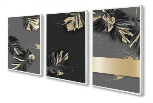 Kit 3 Quadros Decorativos Folhagem Dourada Gold Com Moldura