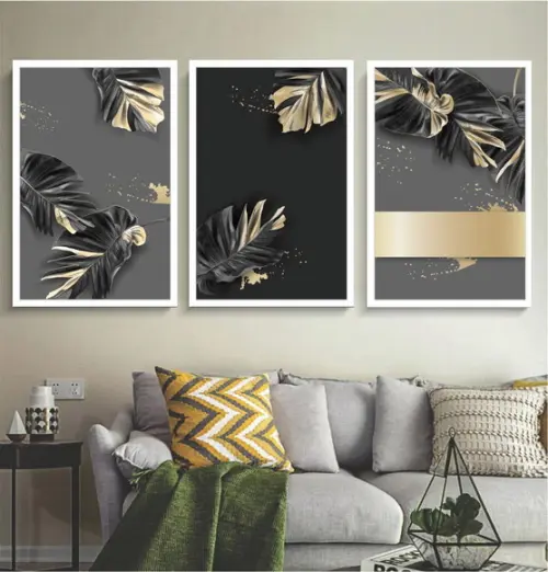 Kit 3 Quadros Decorativos Folhagem Dourada Gold Com Moldura