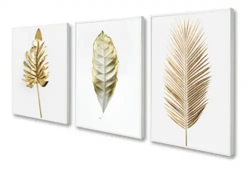 Kit 3 Quadros Decorativos Folhagem Dourada Gold Com Moldura