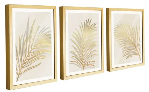 Kit 3 Quadros Decorativos Folhagem Dourada Gold com Molduras