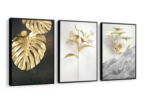 Kit 3 Quadros Decorativos Folhagem Dourada Mármore Moldura