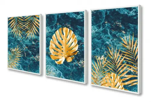 Kit 3 Quadros Decorativos Folhagem Dourada Mármore Moldura