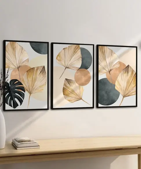 Kit 3 Quadros Decorativos Folhagem Dourada Moderna Moldura