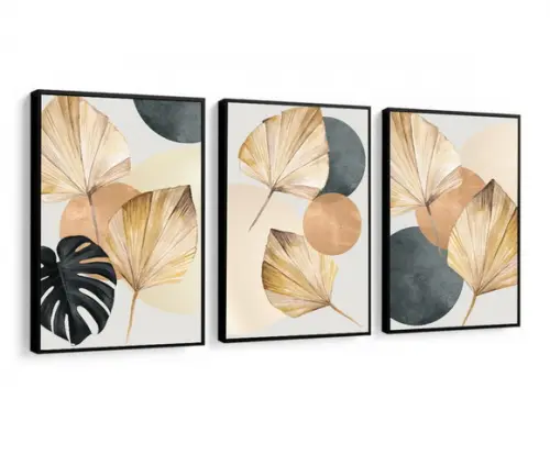 Kit 3 Quadros Decorativos Folhagem Dourada Moderna Moldura