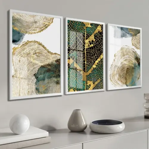 Kit 3 Quadros Decorativos Folhagem Dourada Moldura E Vidro