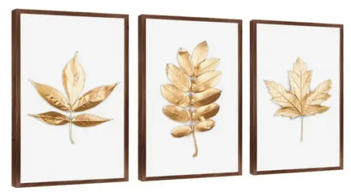 Kit 3 Quadros Decorativos Folhagem Dourada Modernos Molduras