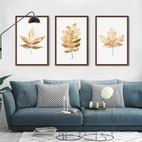 Kit 3 Quadros Decorativos Folhagem Dourada Modernos Molduras