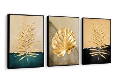 Kit 3 Quadros Decorativos Folhagem Dourada Para Sala Moldura