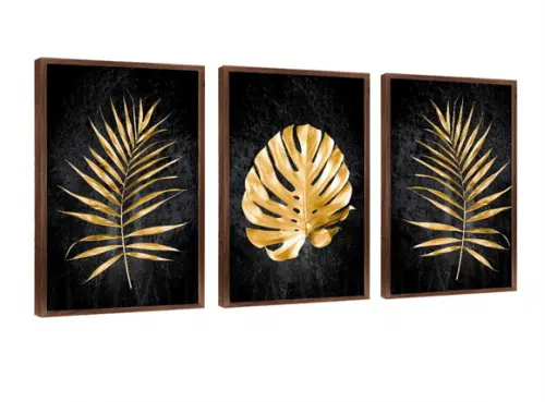 Kit 3 Quadros Decorativos Folhagem Dourada Para Sala Moderna