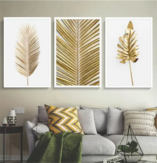 Kit 3 Quadros Decorativos Folhagem Dourada Para Sala Moldura