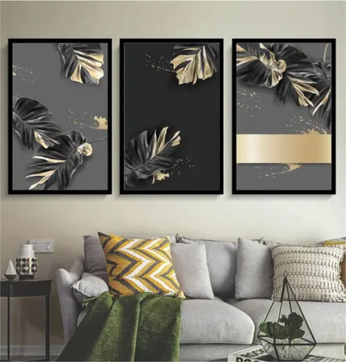 Kit 3 Quadros Decorativos Folhagem Dourada Para Sala Moldura