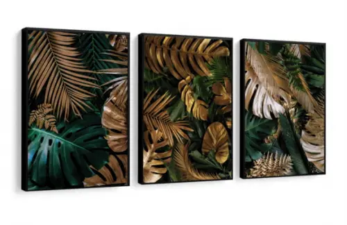 Kit 3 Quadros Decorativos Folhagem Dourada Para Sala Moldura
