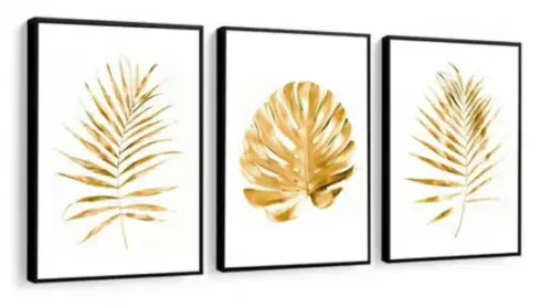 Kit 3 Quadros Decorativos Folhagem Dourada Para Sala Moldura