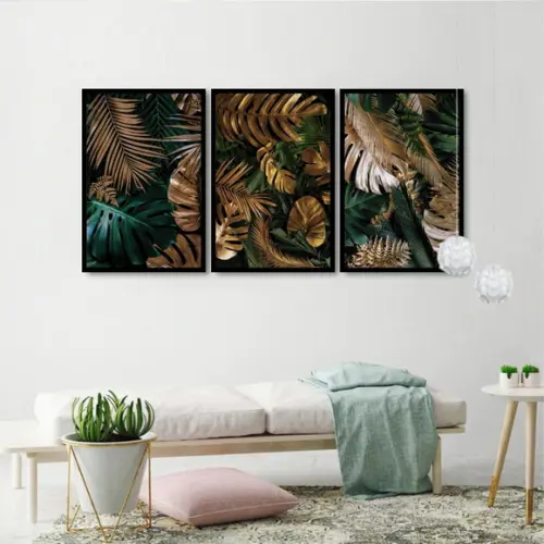 Kit 3 Quadros Decorativos Folhagem Dourada Para Sala Moldura