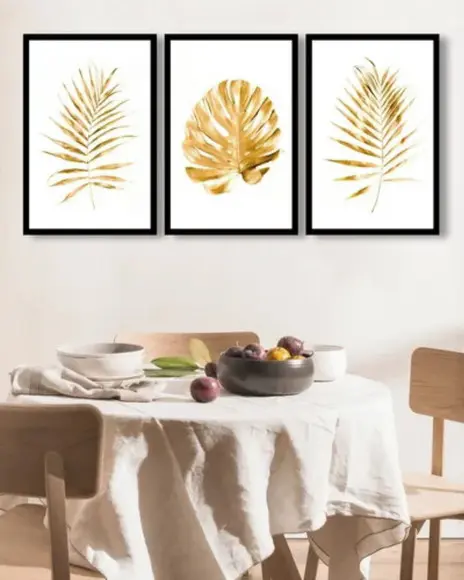 Kit 3 Quadros Decorativos Folhagem Dourada Para Sala Moldura