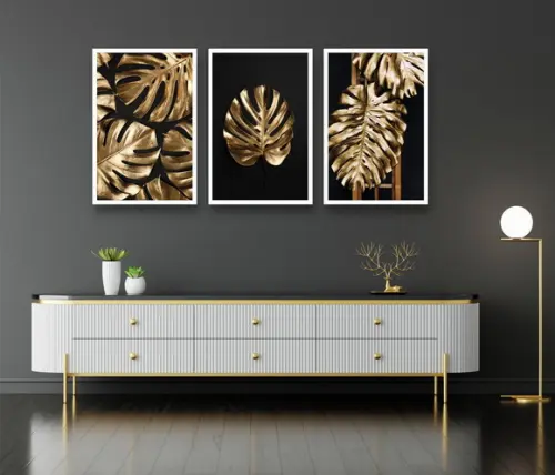 Kit 3 Quadros Decorativos Folhagem Dourada Sala Hall Moldura