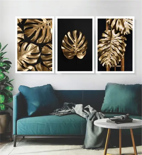 Kit 3 Quadros Decorativos Folhagem Dourada Sala Hall Moldura