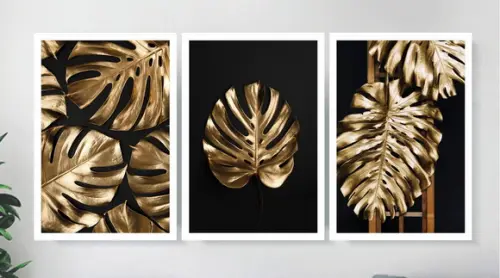 Kit 3 Quadros Decorativos Folhagem Dourada Sala Hall Moldura