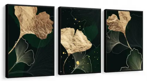Kit 3 Quadros Decorativos Folhagem Dourada Verde Com Moldura
