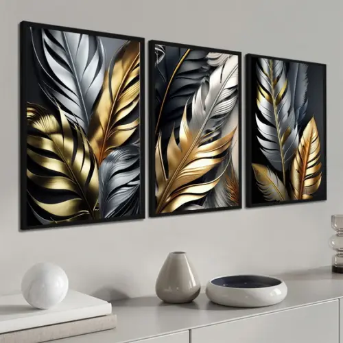 Kit 3 Quadros Decorativos Folhagem Douradas Gold com Moldura