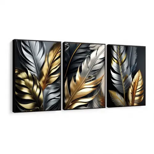 Kit 3 Quadros Decorativos Folhagem Douradas Gold com Moldura