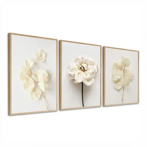Kit 3 Quadros Decorativos Folhagem Flores Moldura E Vidro