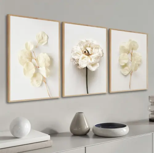 Kit 3 Quadros Decorativos Folhagem Flores Moldura E Vidro