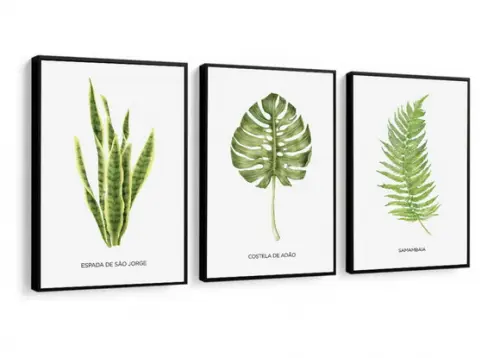 Kit 3 Quadros Decorativos Folhagem Frases Moderno Moldura